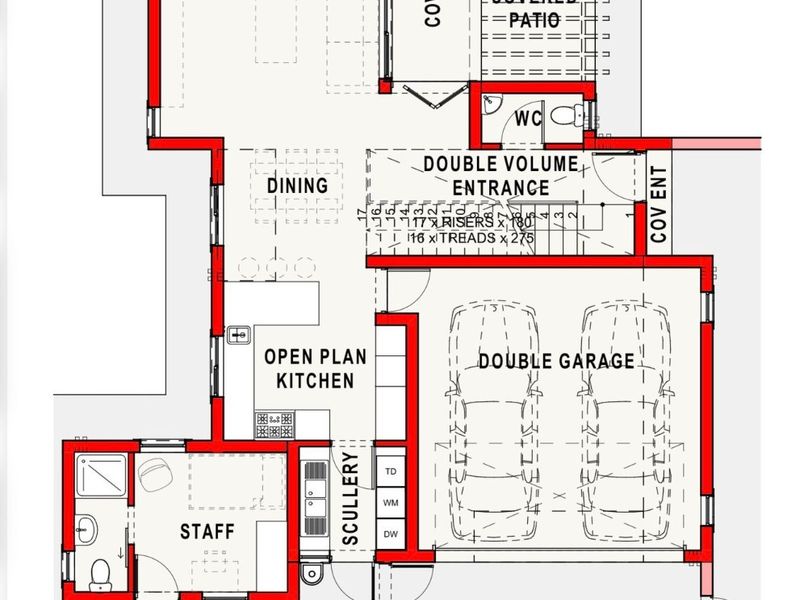 Ground floor architectural plan showing the layout of the lounge, dining area, kitchen, scullery, double garage, staff quarters, and covered patio.