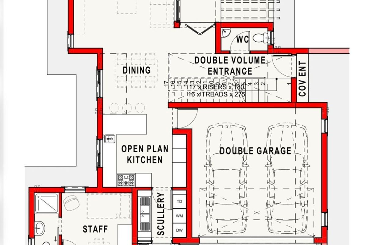 Ground floor architectural plan showing the layout of the lounge, dining area, kitchen, scullery, double garage, staff quarters, and covered patio.