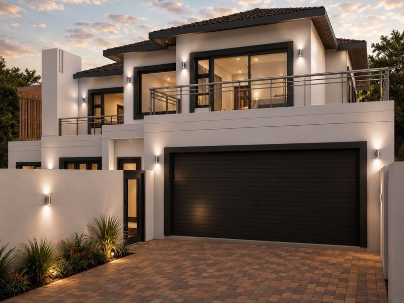 Modern double-story residence featuring a paved driveway, integrated double garage, and an upper-level balcony with contemporary architectural lighting.