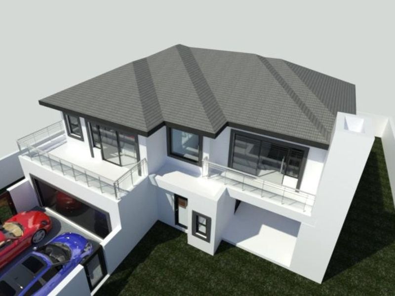 An aerial 3D architectural render showing the exterior design of a modern two-story house with a balcony and integrated garage.