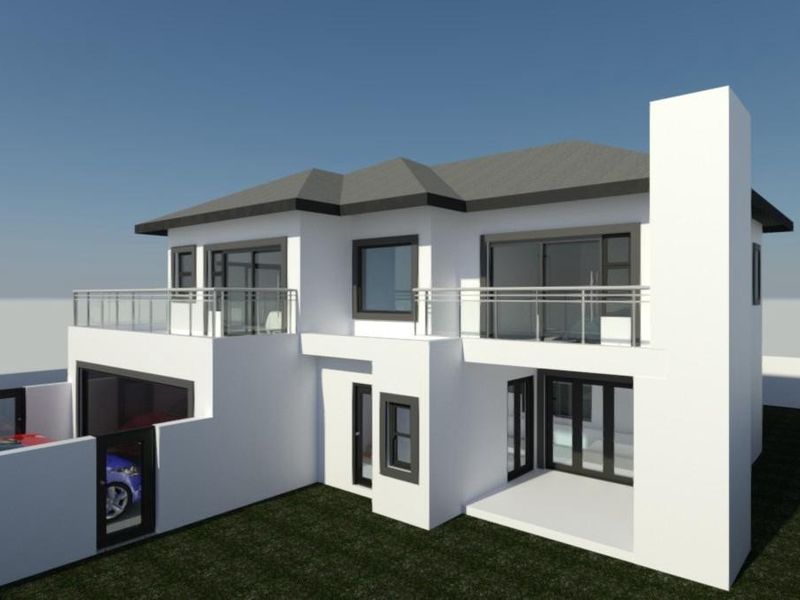 A modern two-story house exterior featuring a balcony, sliding glass doors, and a clean architectural design.