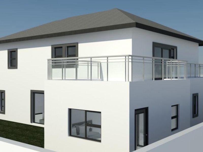 A 3D architectural render of a modern two-story house featuring a balcony with glass and metal railings and clean exterior finishes.