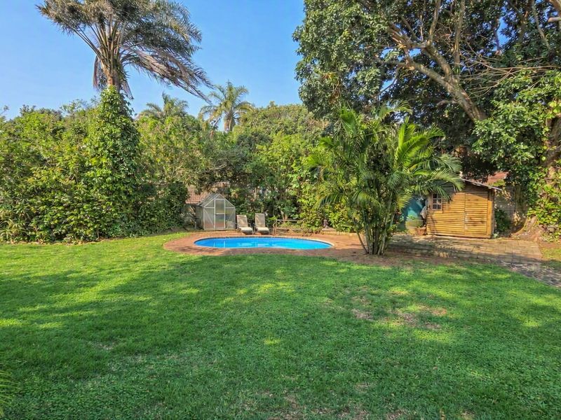 A spacious backyard featuring a swimming pool with brick coping, surrounded by a lush garden, mature trees, and a small storage shed.