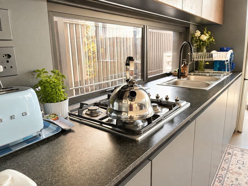 Modern kitchen featuring a gas hob, stone countertops, stainless steel sink with black mixer tap, and sleek cabinetry with a horizontal window view.