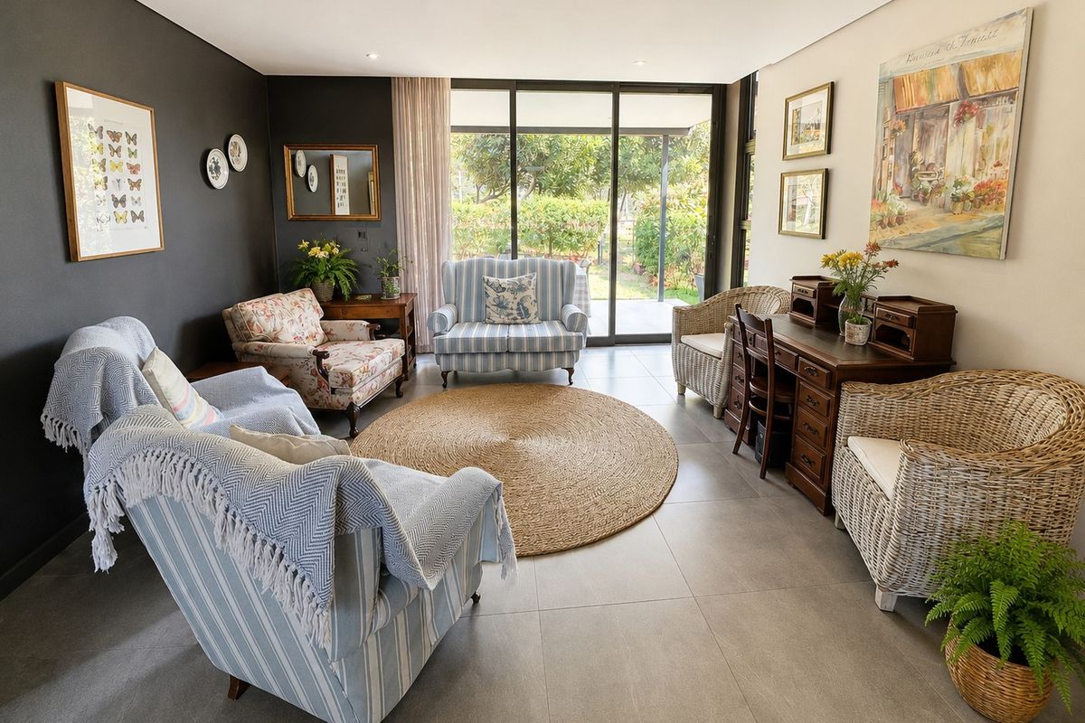 A bright and well-maintained living room featuring large sliding glass doors that provide natural light and direct access to the outdoor garden area.