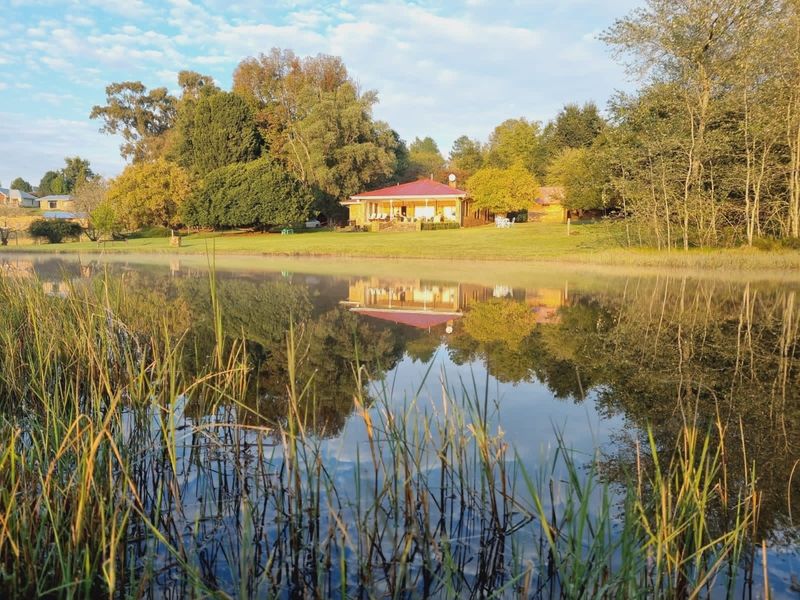 A scenic view of a farm property featuring a tranquil dam reflecting the main house and surrounding mature trees and greenery.