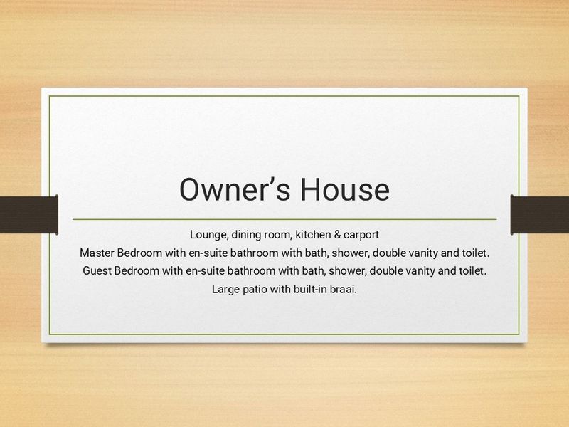 A text-based summary card outlining the property features including lounge, dining room, kitchen, carport, two en-suite bedrooms, and a patio with built-in braai.