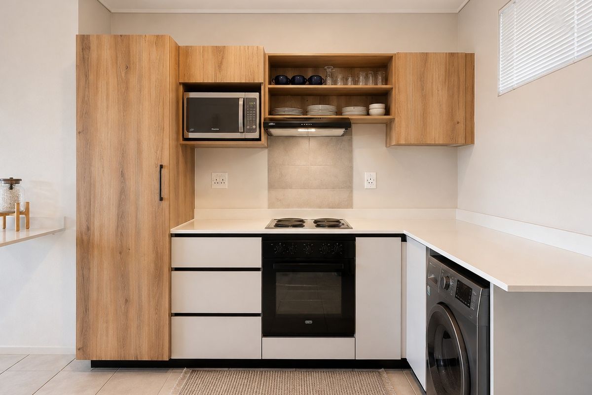 Modern kitchen featuring wood-look cabinetry, white countertops, built-in oven, hob, extractor fan, and integrated microwave with a clean, contemporary finish.