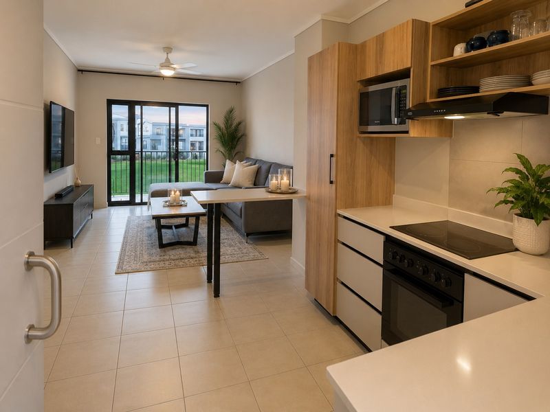 Modern open-plan apartment featuring a sleek kitchen with built-in appliances, tiled flooring, and a seamless transition to the living area and balcony.