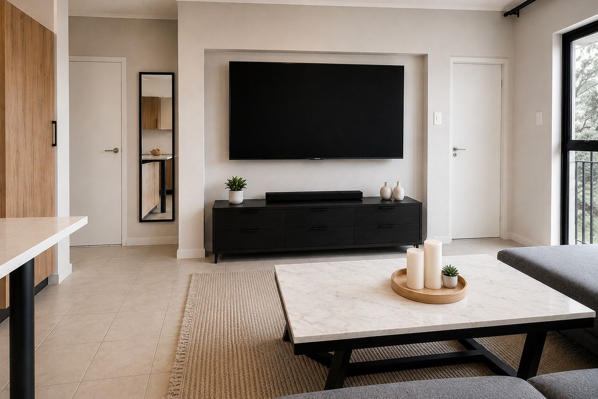A modern, well-maintained living room featuring a recessed wall niche for a television, neutral tiled flooring, and access to an outdoor balcony area.