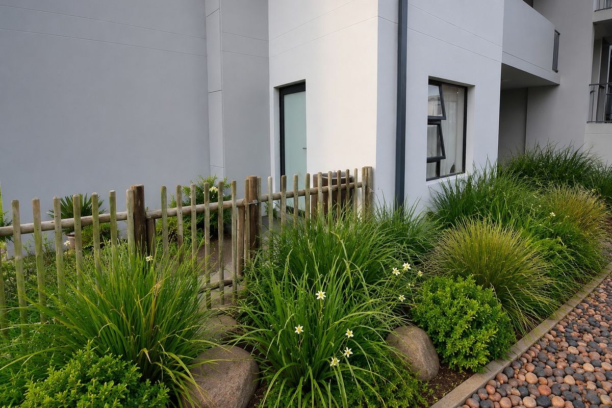 A well-maintained rear exterior view of the apartment featuring a timber picket fence, landscaped garden beds with pebble borders, and modern building finishes.