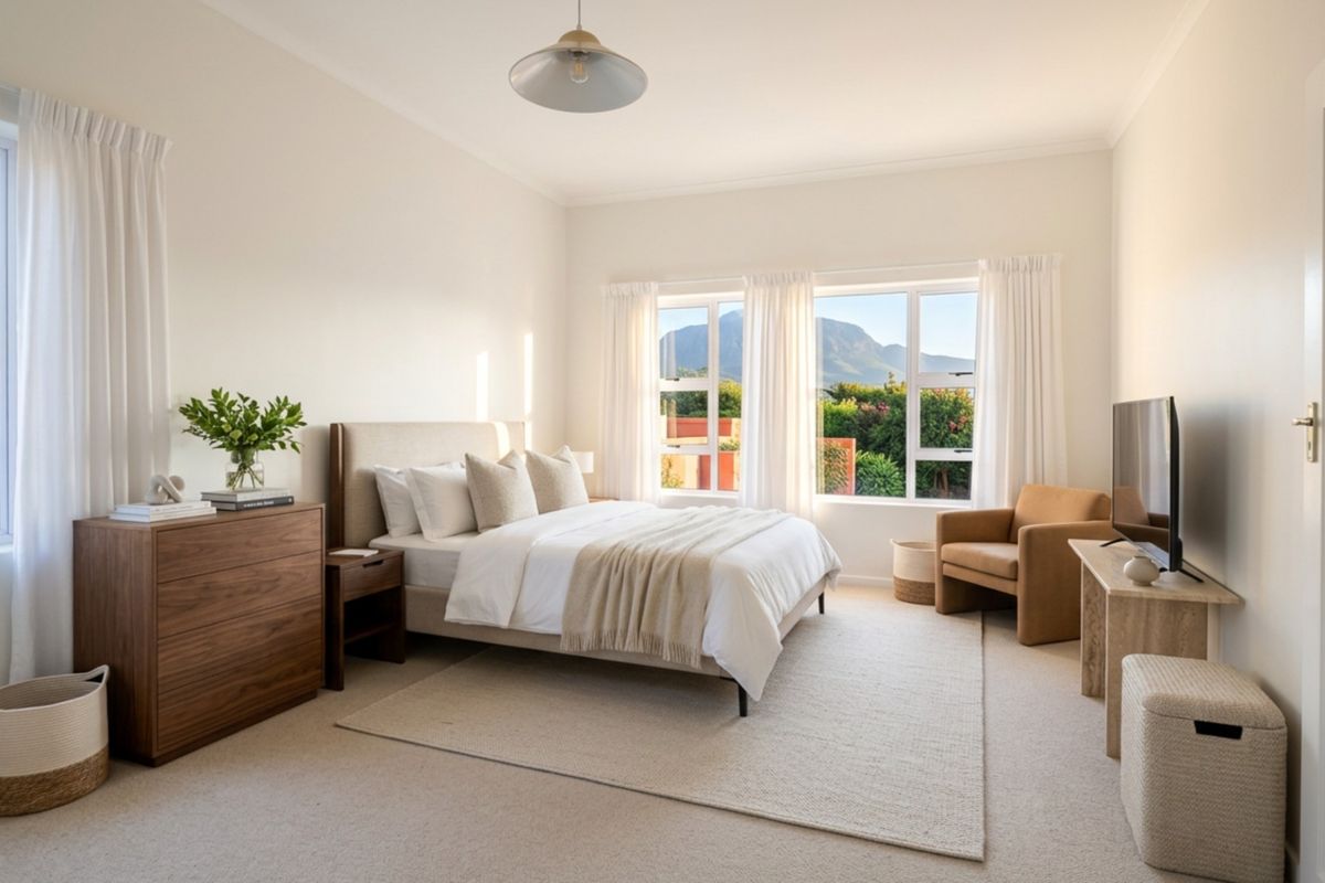 A bright and well-maintained bedroom featuring neutral carpet flooring, large windows with natural light, and a modern pendant light fixture.