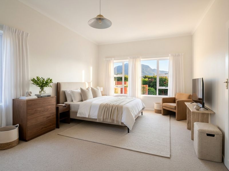 A bright and well-maintained bedroom featuring neutral carpet flooring, large windows with natural light, and a modern pendant light fixture.