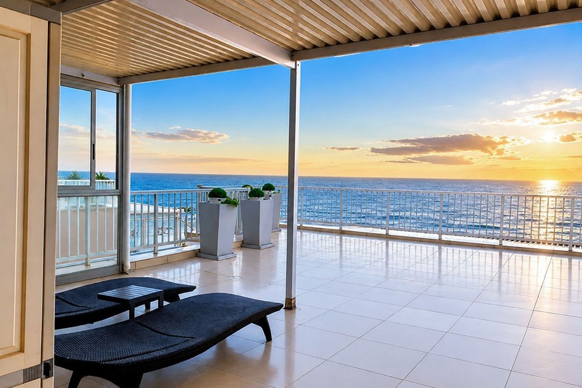 Spacious covered balcony featuring tiled flooring, metal railings, and expansive ocean views, perfect for outdoor relaxation.