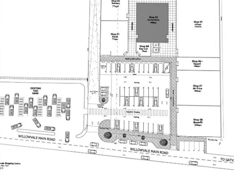 Site plan for Willowvale Shopping Centre showing layout of retail units, parking facilities, and taxi rank access.