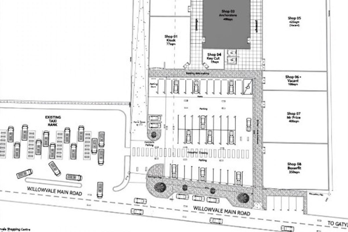 Site plan for Willowvale Shopping Centre showing layout of retail units, parking facilities, and taxi rank access.