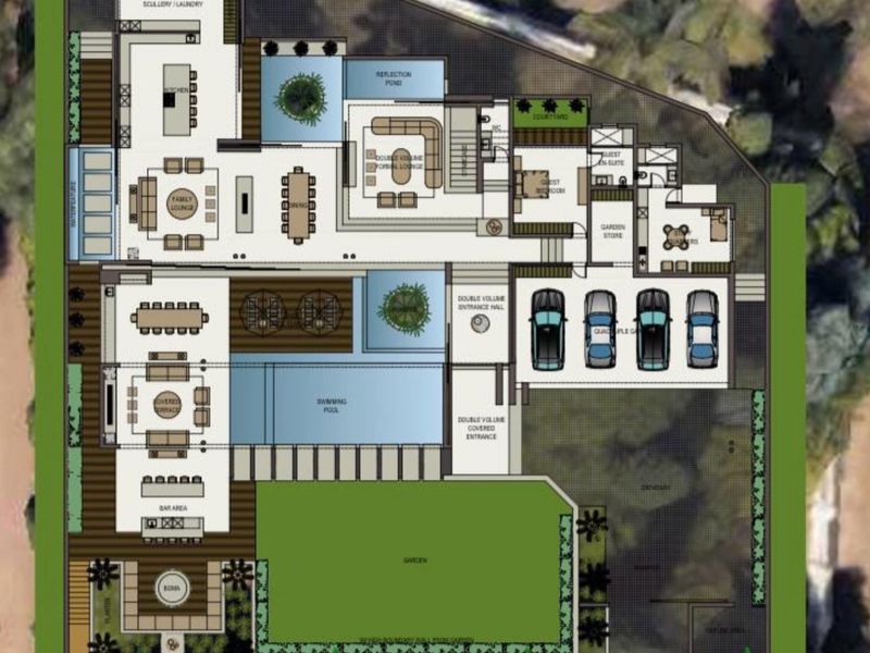 Architectural floor plan showing the layout of a luxury residential property including living areas, pool, garage, and garden.