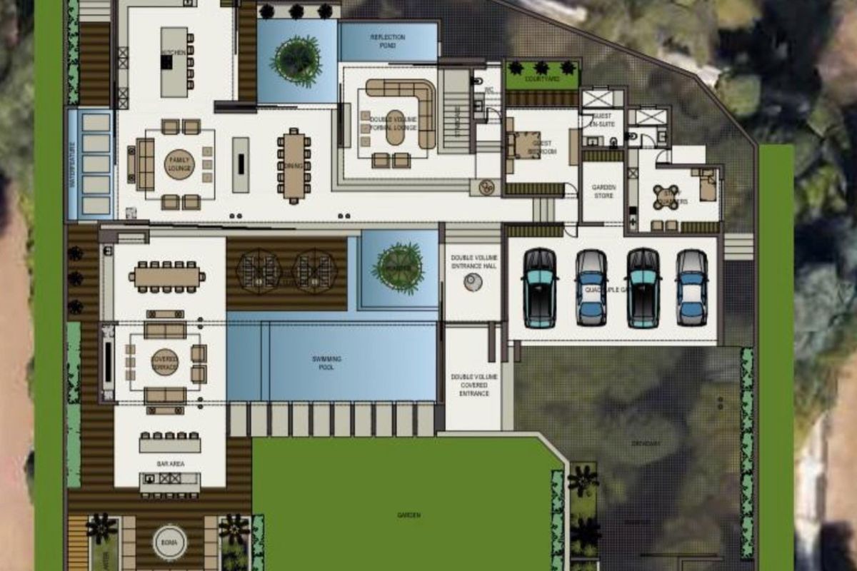 Architectural floor plan showing the layout of a luxury residential property including living areas, pool, garage, and garden.