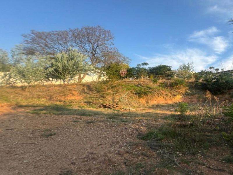 A view of a sloped, undeveloped residential plot featuring natural vegetation and mature trees under a clear sky.