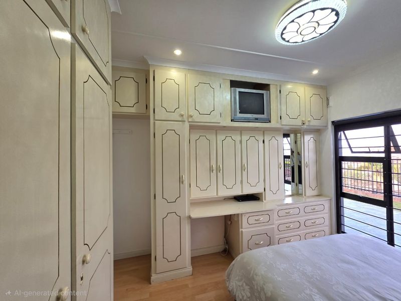 Bedroom featuring extensive built-in cabinetry with integrated desk space, laminate flooring, and large aluminium-framed windows providing natural light.