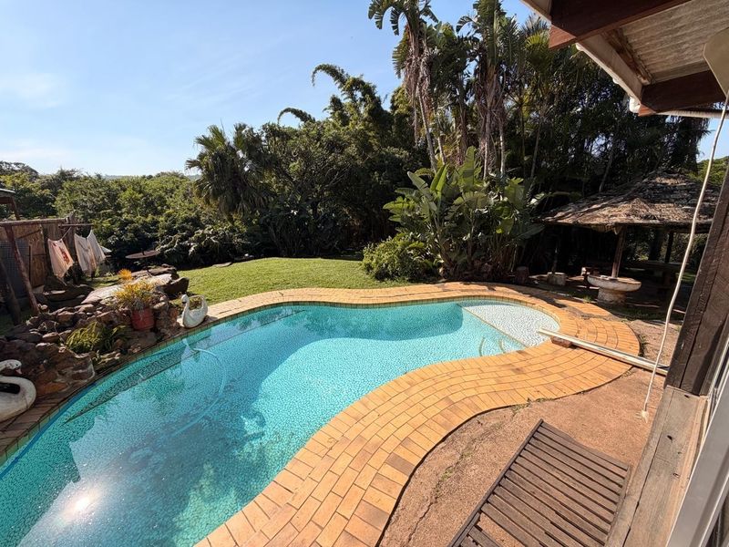 Outdoor pool area featuring a curved swimming pool with brick coping, a stone rockery, and a thatched gazebo set within a lush garden.