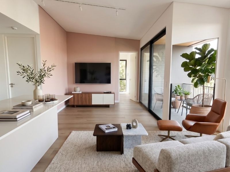 Modern open-plan living area featuring light hardwood flooring, a soft pink accent wall, track lighting, and large sliding doors leading to a private balcony.