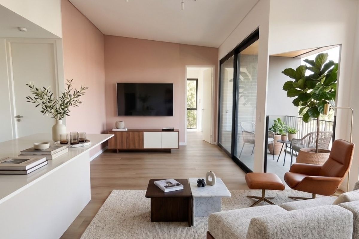 Modern open-plan living area featuring light hardwood flooring, a soft pink accent wall, track lighting, and large sliding doors leading to a private balcony.
