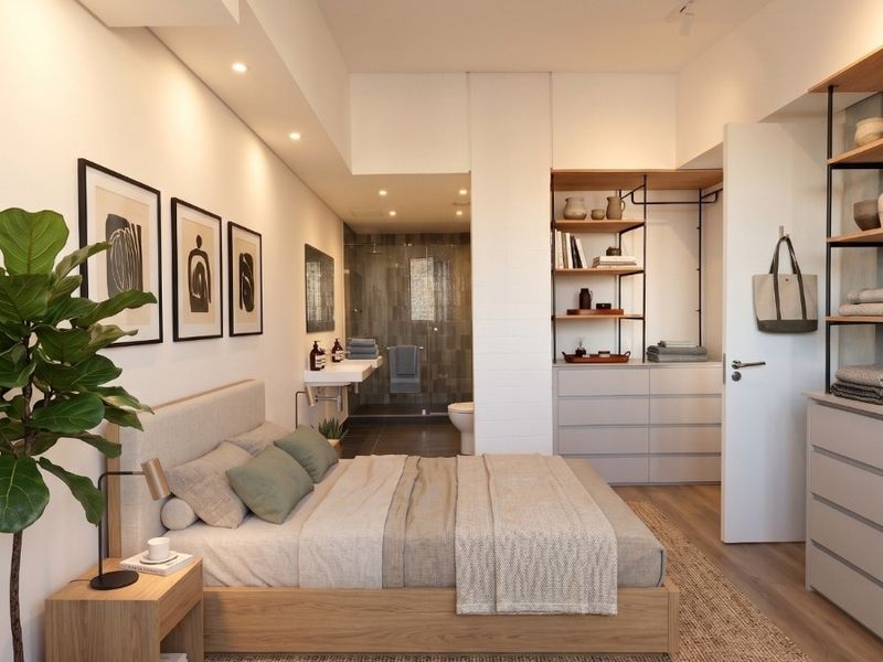 Modern bedroom featuring integrated wardrobe storage, recessed and track lighting, and an open-plan en-suite bathroom with contemporary finishes.