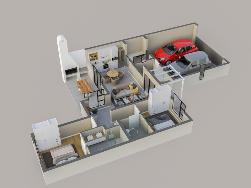 A 3D floor plan rendering showing the layout of a home including an open-plan living area, kitchen, bedrooms, bathrooms, and a double garage.