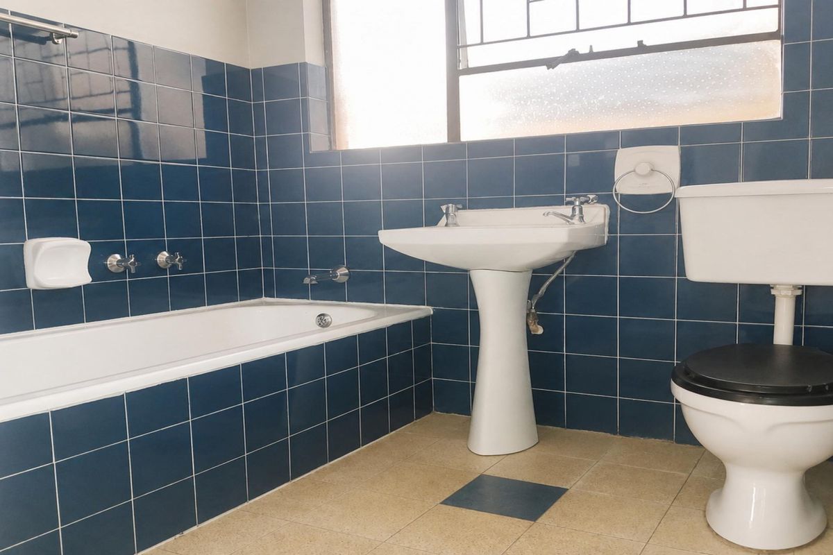 A dated bathroom featuring blue wall tiles, a pedestal basin, a built-in bathtub, and a toilet, with a missing floor tile.