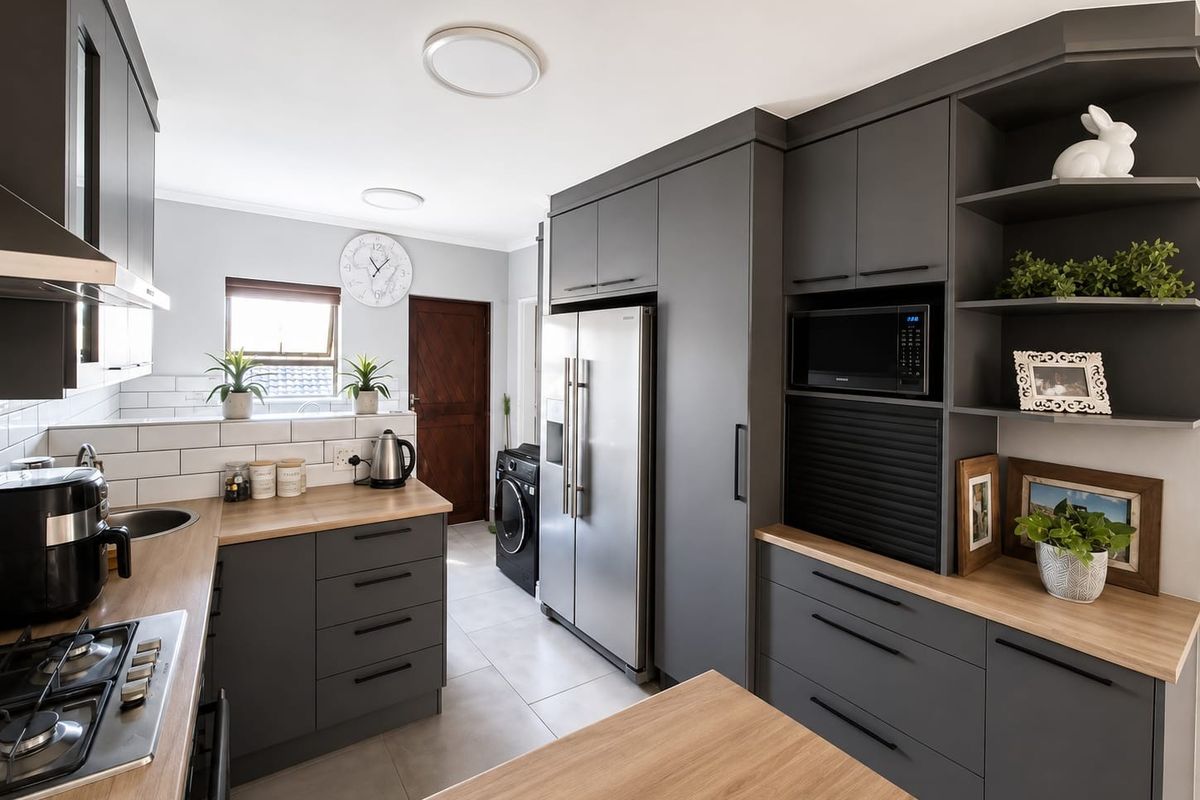 Modern kitchen featuring dark grey cabinetry, timber laminate countertops, subway tile backsplash, and integrated appliances including a gas cooktop and built-in microwave.