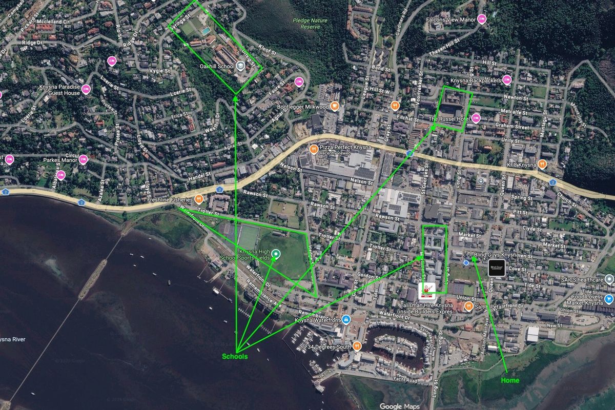 An aerial map view showing the location of the property in relation to local schools and the Knysna waterfront area.