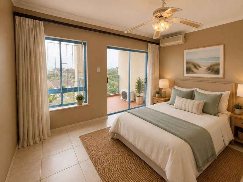A well-maintained bedroom featuring tiled floors, a ceiling fan, split-system air conditioning, and direct access to a private balcony with scenic views.