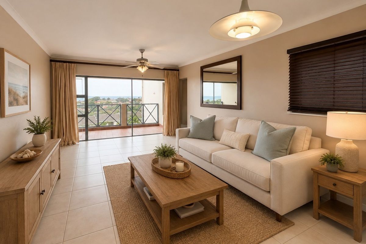 A bright and well-maintained living room featuring tiled floors, a ceiling fan, and large sliding glass doors that open onto a private balcony.
