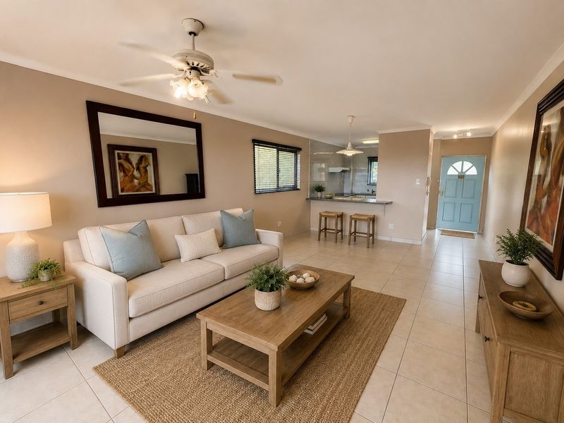 Open plan living area featuring tiled floors, a breakfast bar connecting to the kitchen, and a front entrance door.