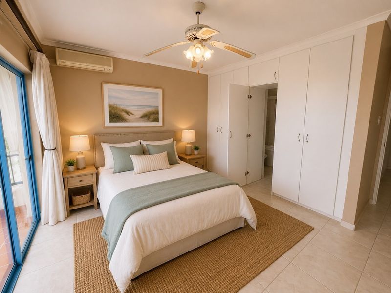 A well-maintained bedroom featuring built-in cupboards, a ceiling fan, split-system air conditioning, and direct access to a balcony through sliding glass doors.
