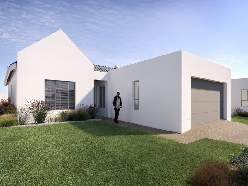 Modern single-story residential home featuring a clean white facade, pitched and flat roof sections, a paved driveway, and an integrated garage.