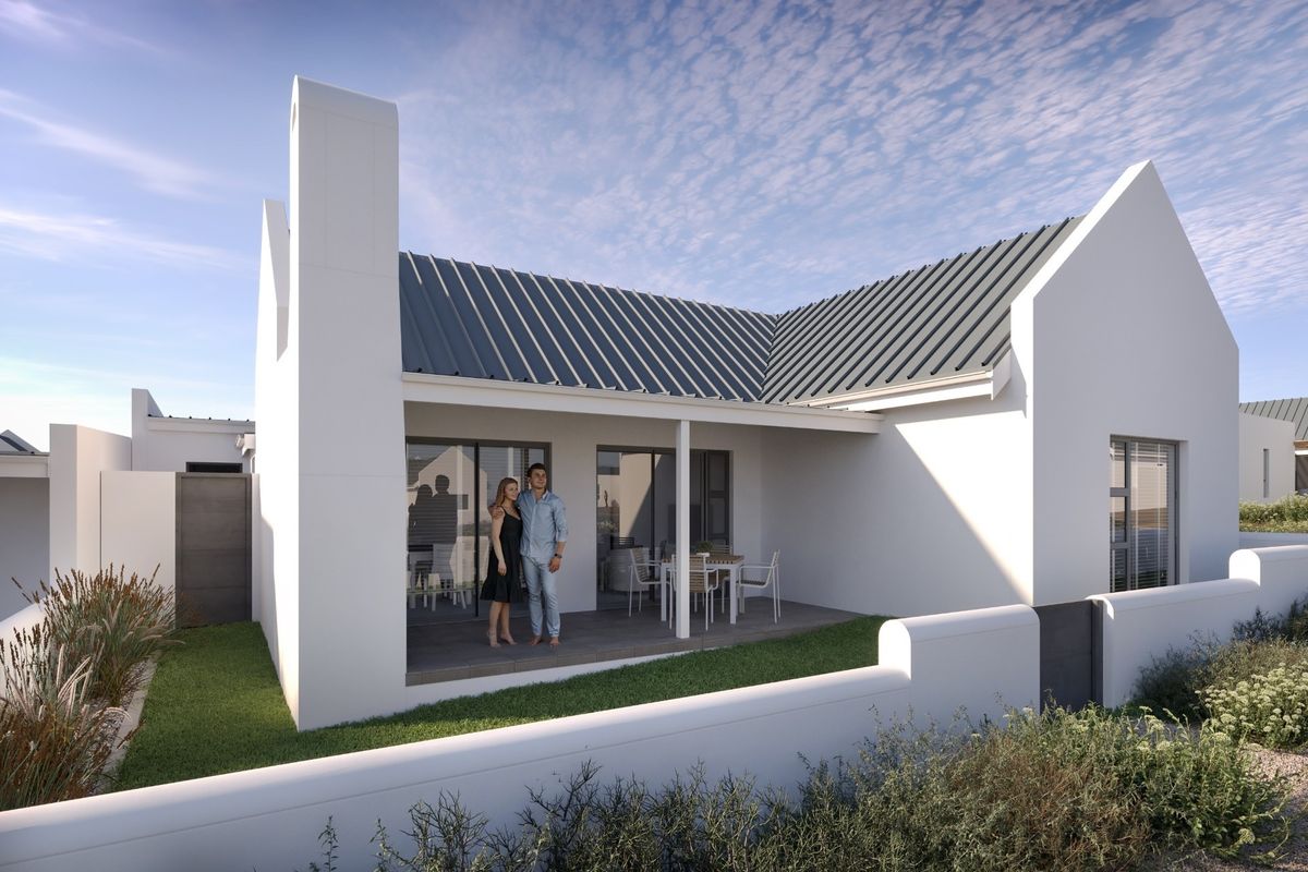 A modern rear exterior view of a house featuring a covered patio, metal roofing, and a clean white facade with a surrounding boundary wall.