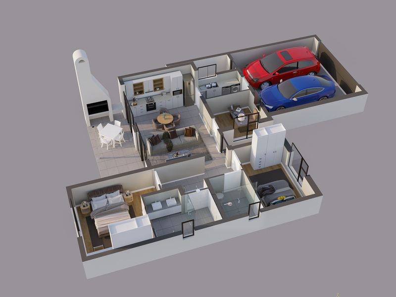 A 3D floor plan rendering showing the layout of a house, including an open-plan living area, kitchen, bedrooms, bathrooms, and a double garage.