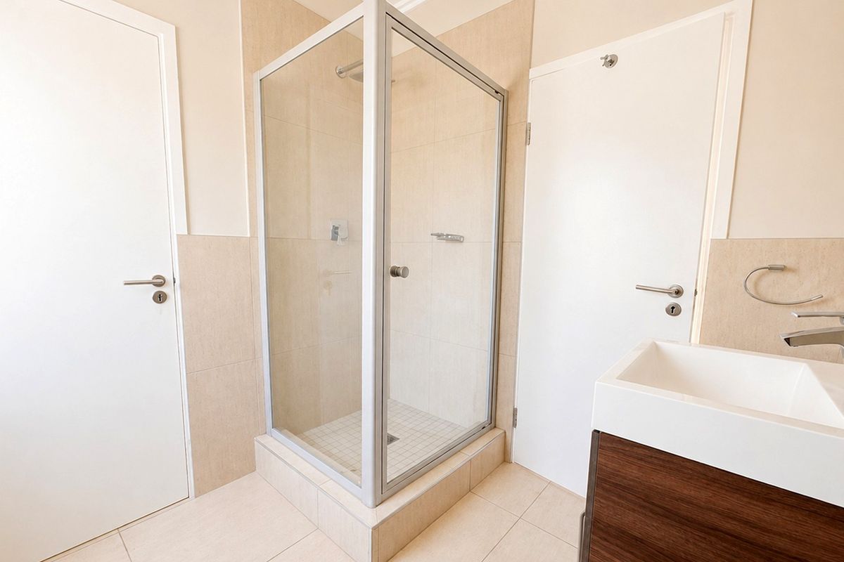 A clean, modern bathroom featuring a glass-enclosed shower, neutral wall and floor tiling, and a contemporary vanity basin.