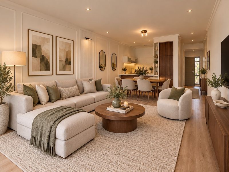 A beautifully presented open-plan living and dining area featuring modern finishes, recessed lighting, and elegant wall molding, seamlessly connected to a functional kitchen space.