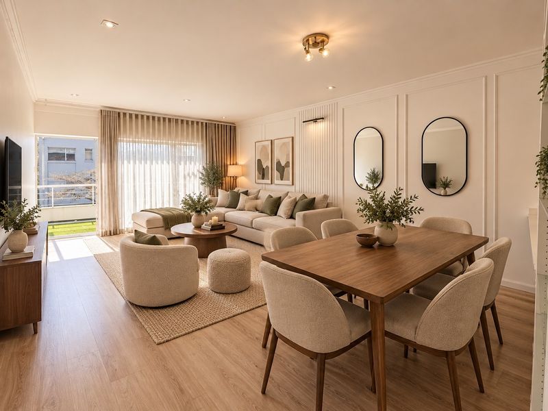 A bright and modern open-plan living and dining area featuring laminate flooring, elegant wall molding, and direct access to a private balcony.