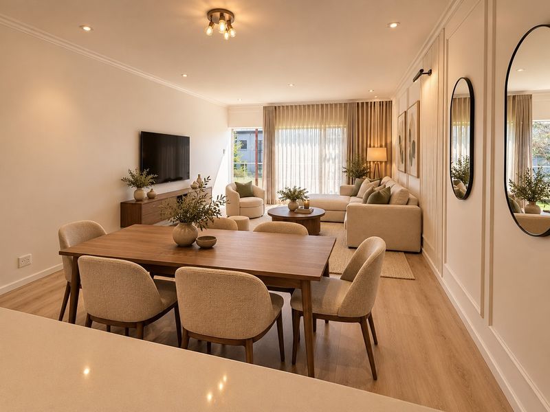 A bright and modern open-plan living and dining area featuring timber flooring, elegant wall panelling, and large sliding doors leading to the outdoors.