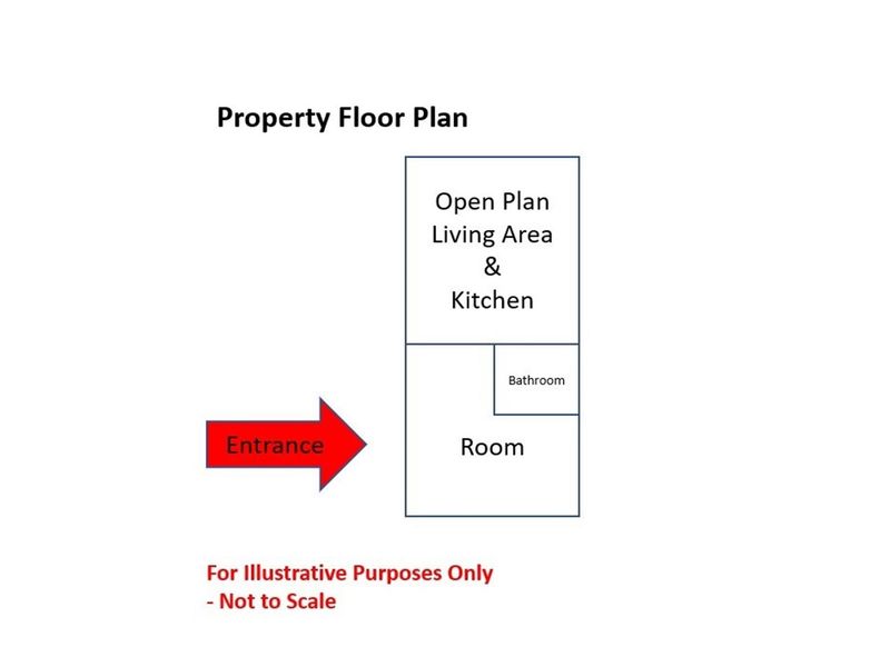 A simplified illustrative floor plan showing the layout of the apartment, including an open plan living area, kitchen, bathroom, and bedroom.
