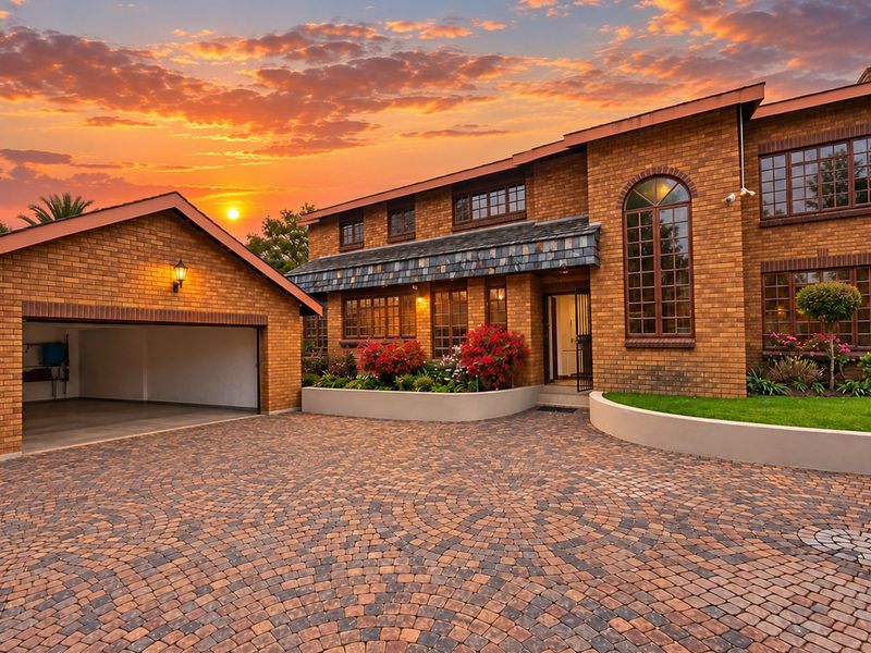 A well-maintained brick house featuring a spacious cobblestone driveway, double garage, and attractive arched window detail at sunset.