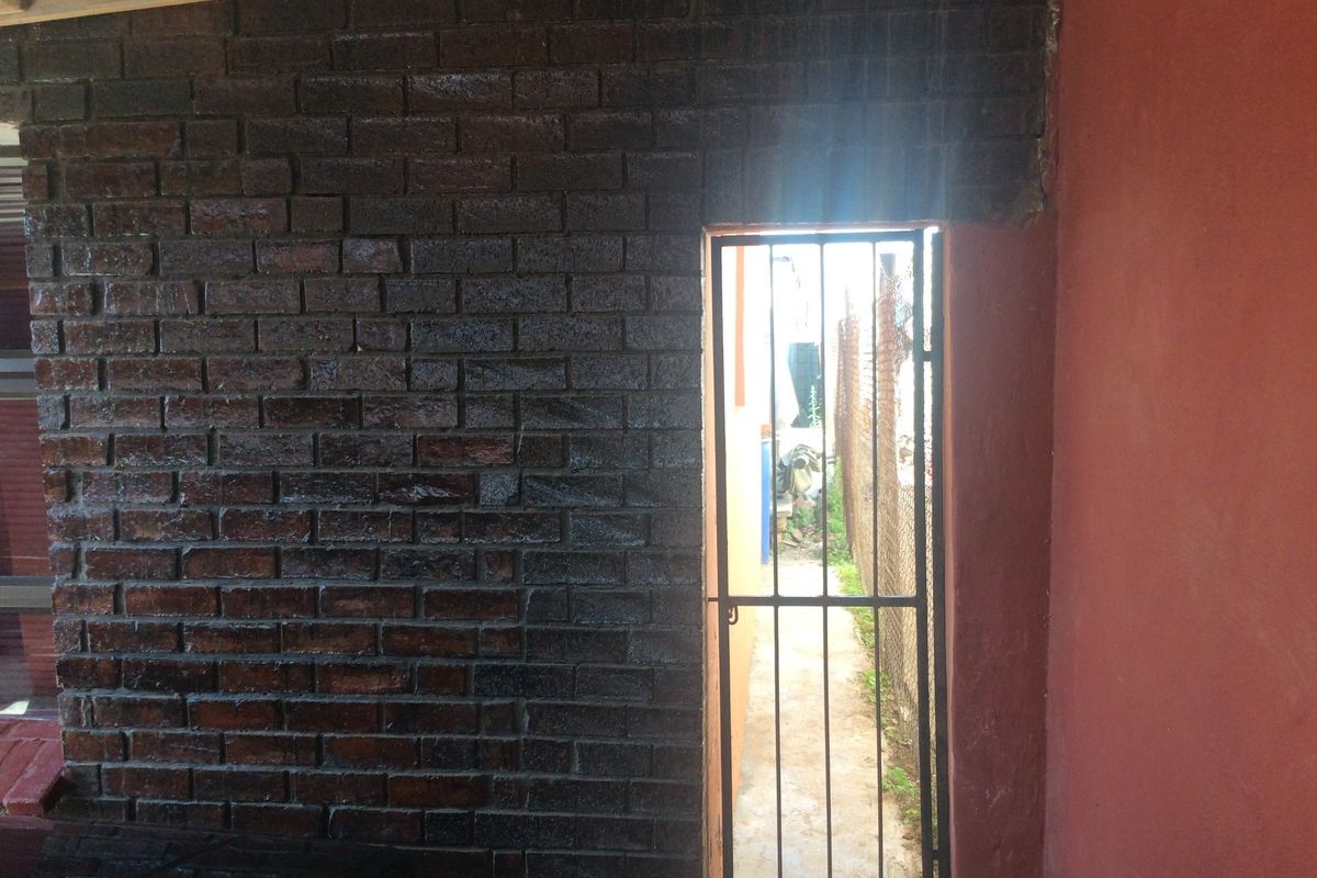 A view of a rear exterior area featuring an exposed brick wall and a metal security gate leading to a side pathway.