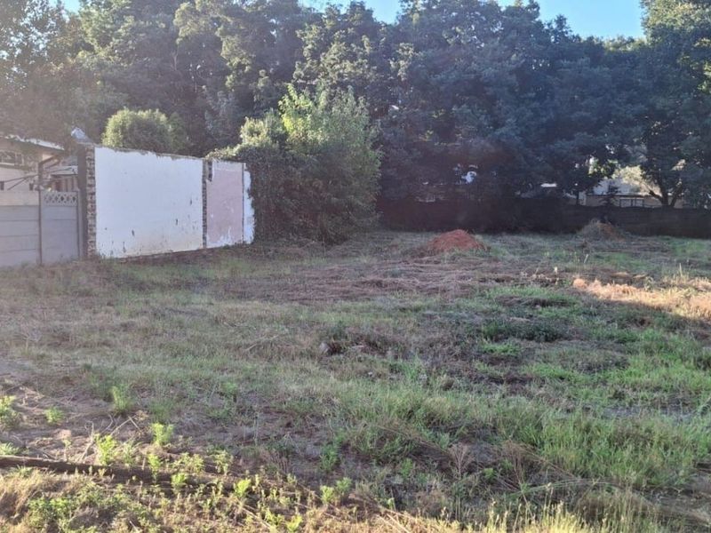 A vacant residential plot featuring overgrown grass, mature trees in the background, and a partial boundary wall structure.