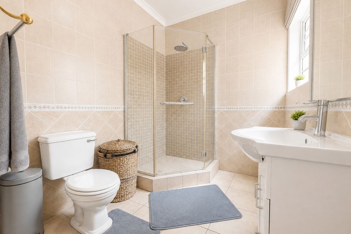 A well-maintained bathroom featuring a glass-enclosed shower, vanity basin with mixer tap, and neutral wall and floor tiling.