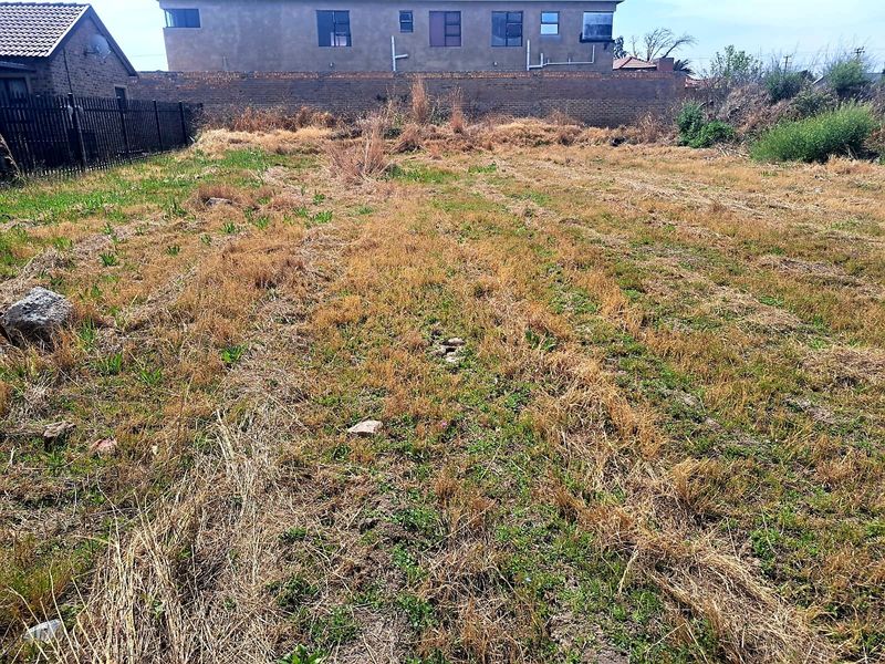 A vacant residential plot featuring dry, overgrown grass, enclosed by a perimeter brick wall and metal fencing.
