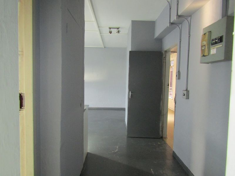 A functional hallway area featuring exposed electrical conduit, a distribution board, and track lighting, leading into an open-plan living space.